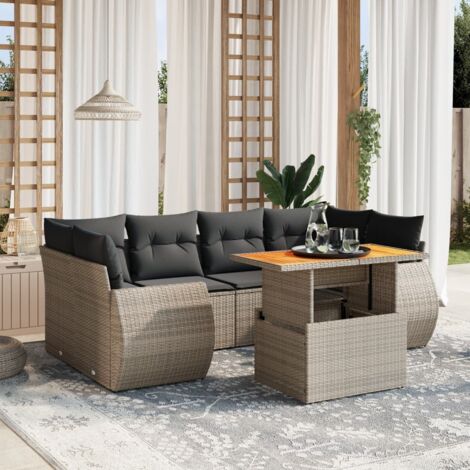 Canapé d'Angle Modulable Gris 7 Places Résine Tressée avec Coussins et Table Basse Réglable