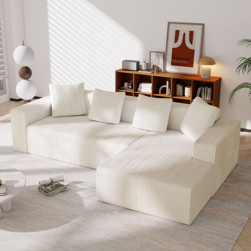 Canapé d’Angle Modulaire, 261 x 146 x 65 cm, en Velours Côtelé et Structure en Éponge Compressée, Confortable avec Sièges Profonds, pour le Salon ou