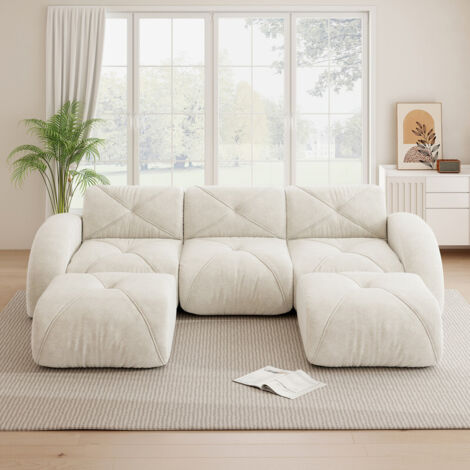 Canapé d'angle modulaire 3 places en U, 2 pouf, tissu Chenille doux, mousse 32D, Aucun assemblage requis, antidérapant, Animaux acceptés, blanc
