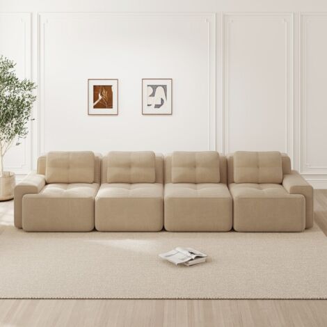 Canapé d'angle-modulaire-4 places-confortable-velours côtelé assise profonde-style nuage-sans montage-beige-382x104x69cm