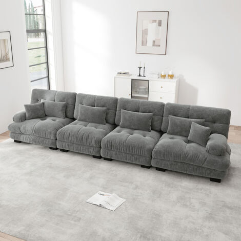 Canapé d'angle modulaire 4 places, coussins confortables, tissu chenille - Gris