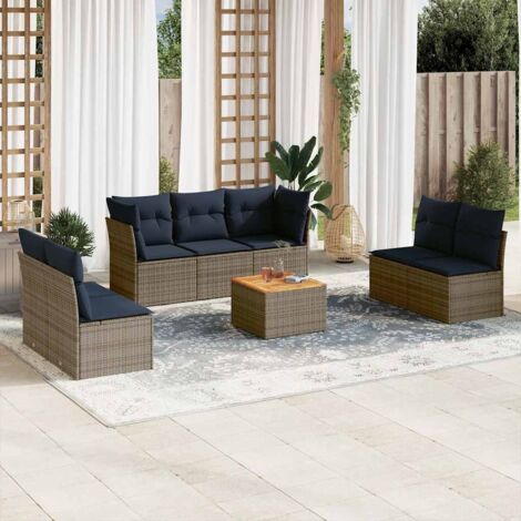 Canapé d'Angle Modulaire 8 Places Extérieur Résine Tressée Gris avec Coussins Bleu Marine et Table Acacia - Ensemble Salon Jardin avec Rangement