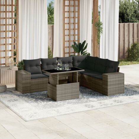 Canapé d'angle modulaire avec table extensible en résine tressée gris, 7 pièces avec coussins amovibles - Ensemble salon de jardin complet