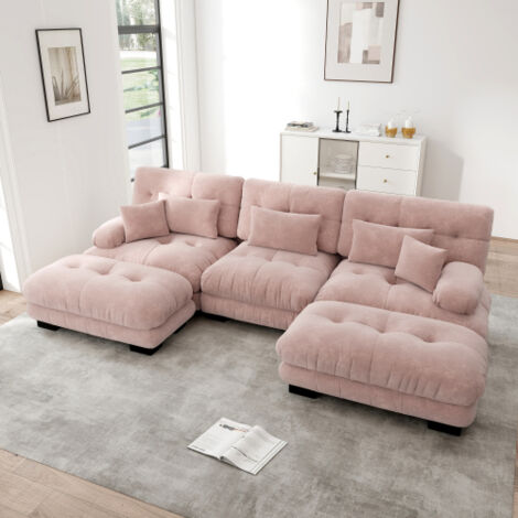 Canapé d'angle modulaire, canapé 3 places en U, canapé convertible à assise profonde avec pouf, chenille, rose