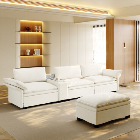 Canapé d'angle modulaire de 315 cm – Canapé « Cloud » en forme de L en chenille, avec rangements, pouf, chargeur sans fil, haut-parleurs, éclairage et 2 porte-gobelets – Canapé pour salon et bureau – 