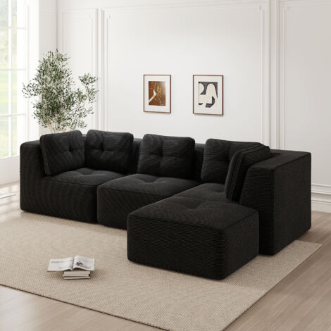 Canapé d'angle modulaire en velours côtelé avec ottomane, assise profonde, noir