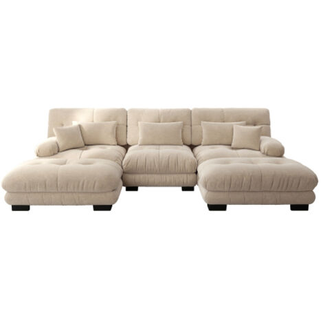 Canapé d'Angle Modulaire Luxueux Forme U Canapé Nuage Surdimensionné Velours Côtelé Chenille Marron Clair Convertible en Lit Assise Profonde Avec Pouf Élégant pour Salon