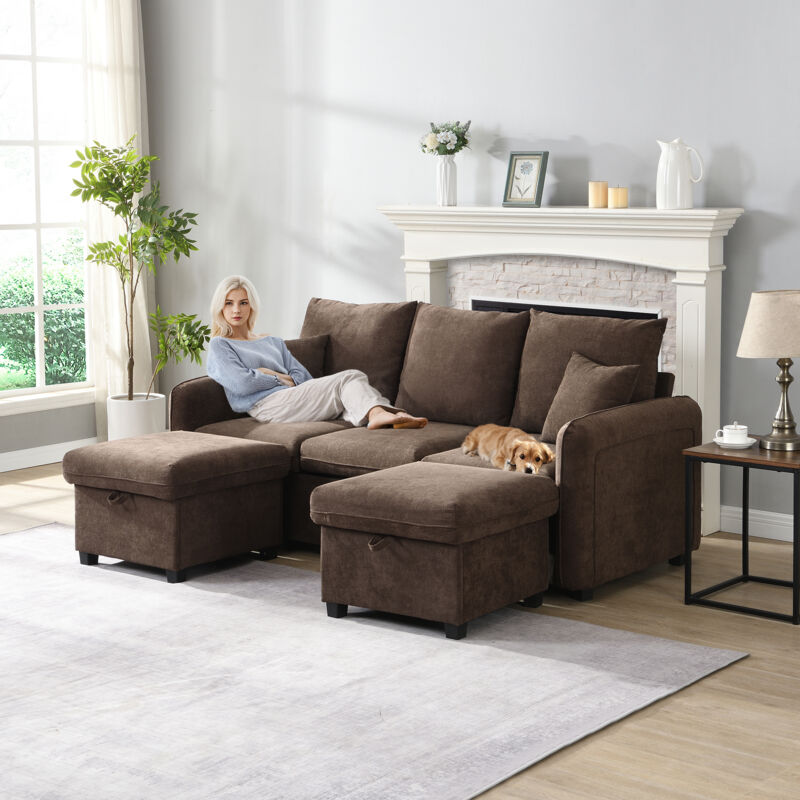Gutent - Canapé d'angle multifonctionnel avec fonction de rangement - Tiroirs + pouf avec compartiment de rangement inclus- Marron antique