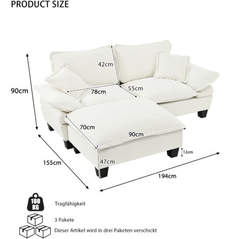 Canapé d’angle nuage en chenille avec ottoman et coussins doux. Confortable pour aménager salon et appartements contemporains,beige.
