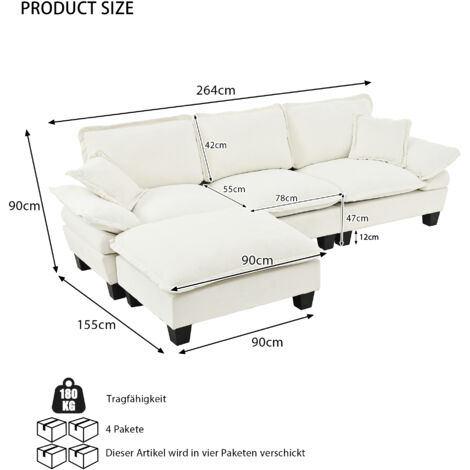 Canapé d’angle nuage en L avec ottoman mobile et coussins doux. Housse en chenille confortable pour salon et appartements modernes beige.