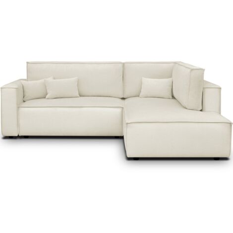 Canapé d'angle ouvert à droite convertible 3 places en tissu chenille beige - Emma