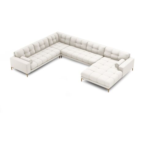 Canapé d'angle panoramique 7 places tissu structurel beige clair