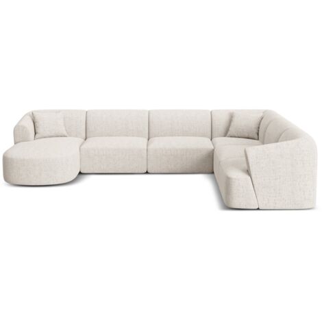 Canapé d'angle panoramique 7 places tissu structurel beige clair