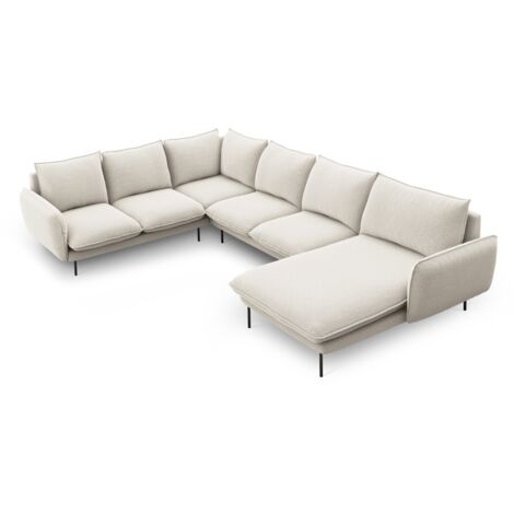 Canapé d'angle panoramique 7 places tissu structurel beige clair