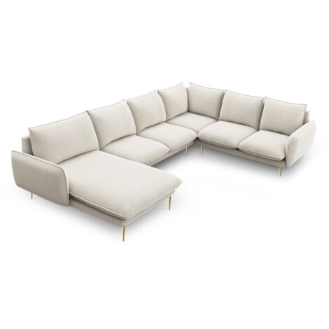 Canapé d'angle panoramique 7 places tissu structurel beige clair