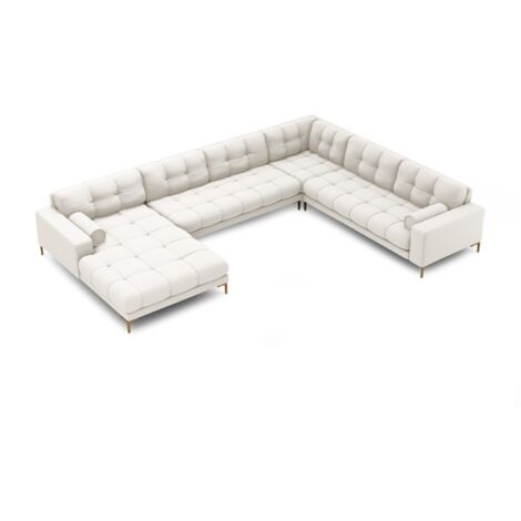 Canapé d'angle panoramique 7 places tissu structurel beige clair
