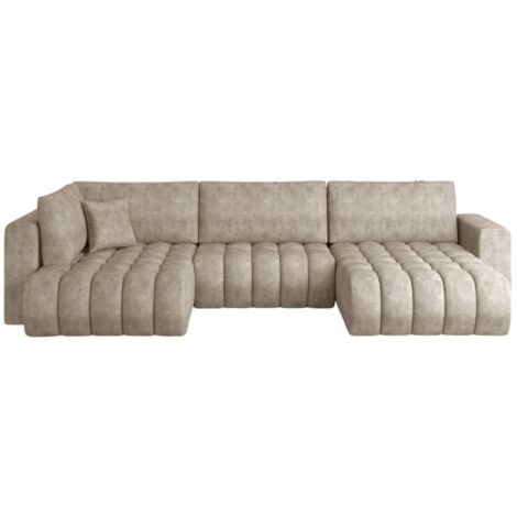 Canapé d'angle panoramique BOSTON en tissu capitonné-Beige clair vintage-Méridienne A droite