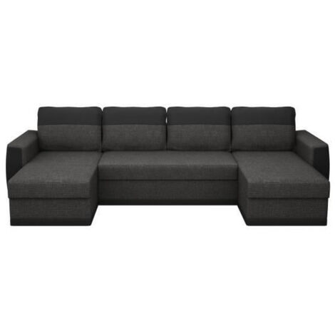 Canapé d'angle panoramique convertible 5 places JAMES - Simili et tissu Noir et Anthracite - L 298 x P 142 x H 85 cm