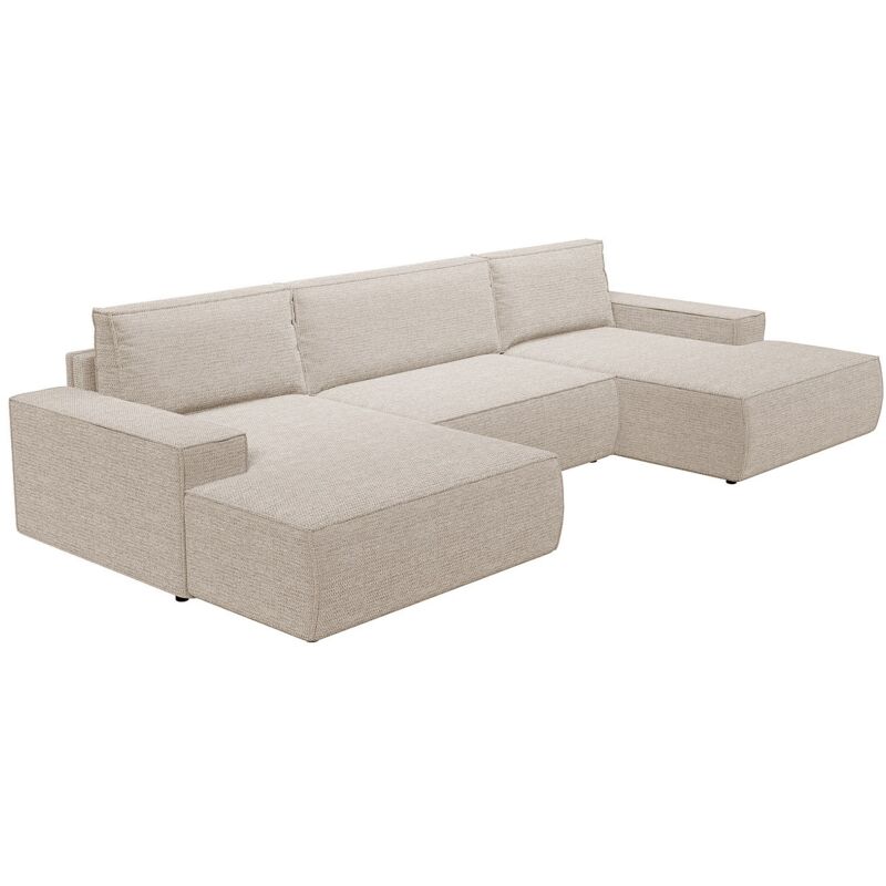Vente-unique - Grand canapé d'angle panoramique convertible en tissu texturé beige amelia