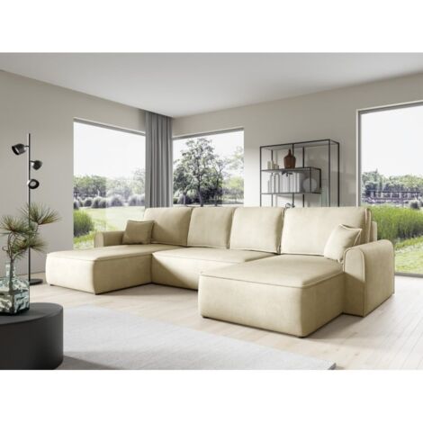 Canapé d'angle panoramique convertible LORIO en tissu aspect velours beige