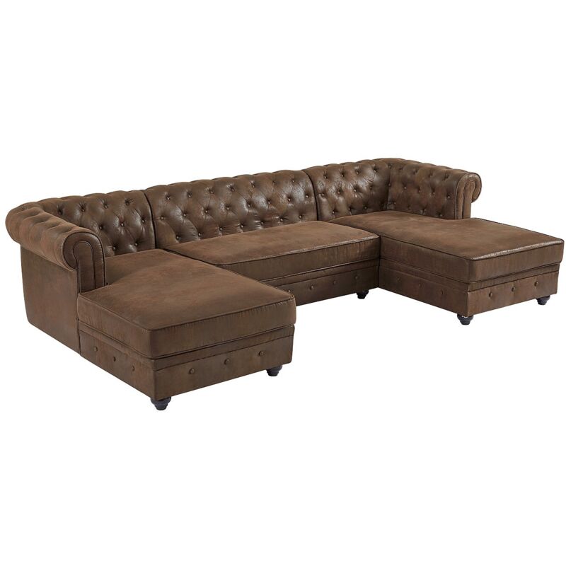 Vente-unique - Canapé d'angle panoramique en microfibre aspect cuir vieilli chesterfield