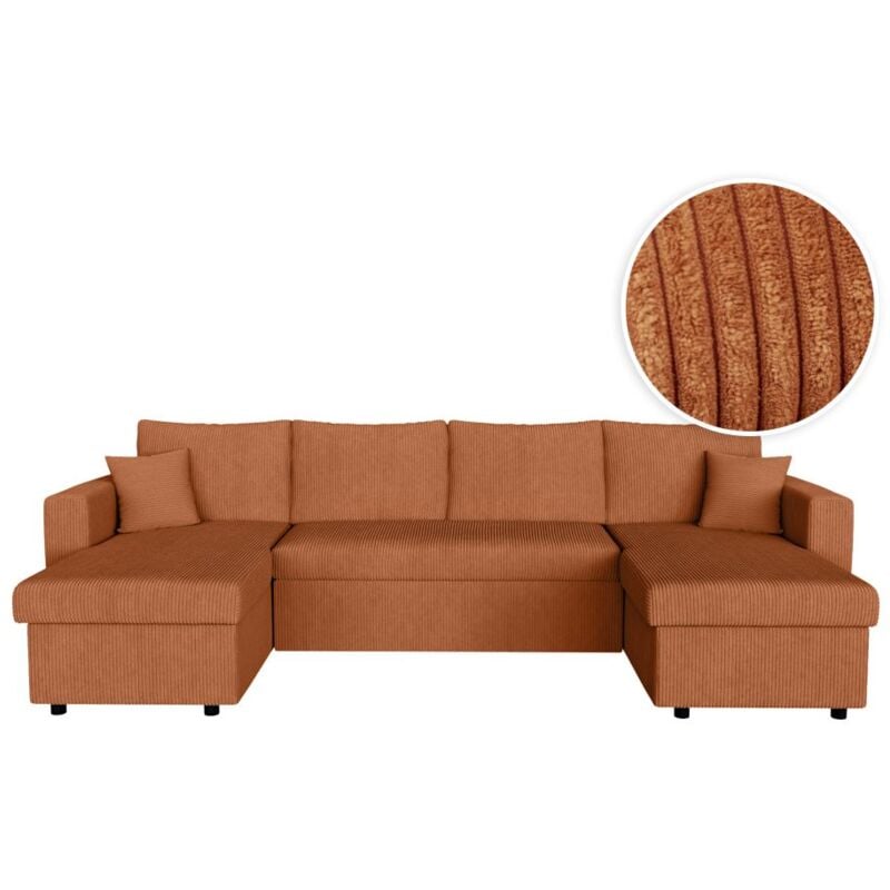 Loungitude - Canapé d'angle panoramique maria convertible avec 2 coffres en velours côtelé - Terracotta