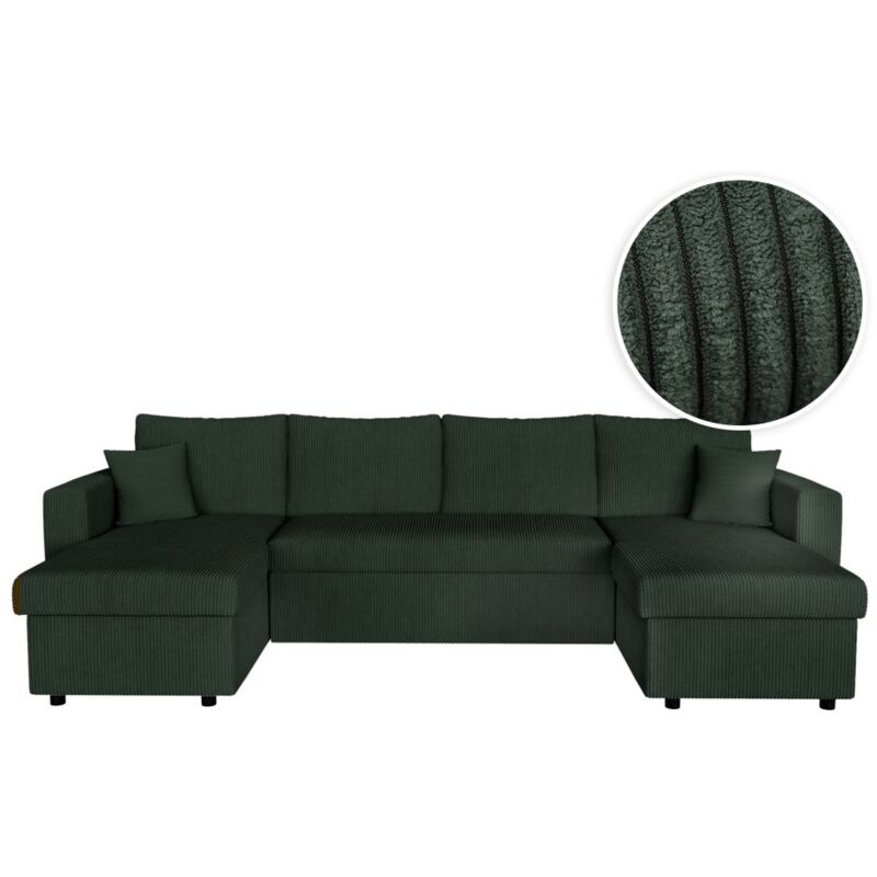 Loungitude - Canapé d'angle panoramique maria convertible avec 2 coffres en velours côtelé - Vert foncé