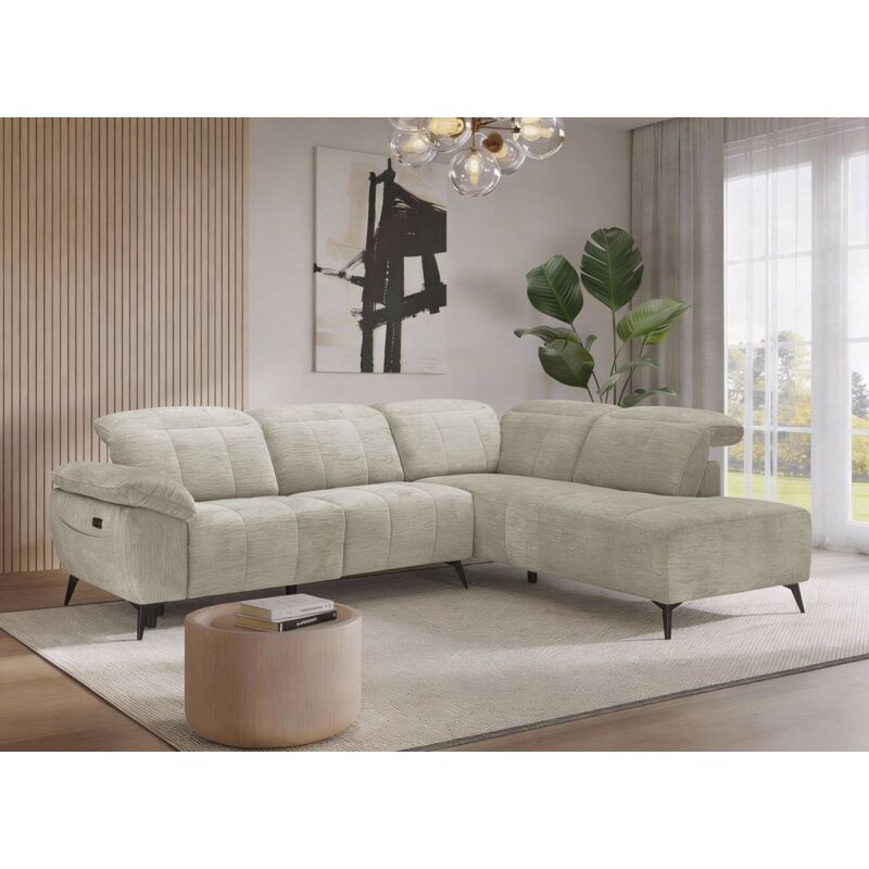 Canapé d'angle relax électrique en velours chiné beige SOLINA -