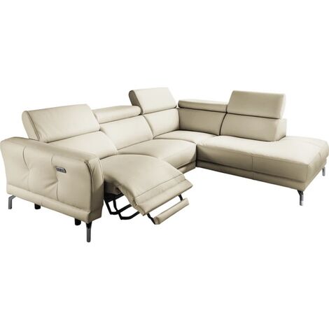 Canapé d'angle relax en 100% tout cuir épais de luxe italien avec relax électrique, 5/6 places DALI, blanc cassé, angle droit