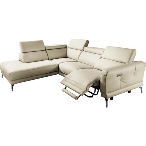 - Canapé d'angle relax en 100% tout cuir épais de luxe italien avec relax électrique, 5/6 places DALI, blanc cassé, angle gauche