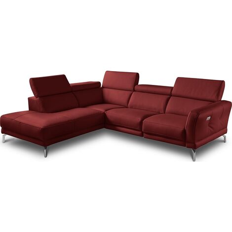 Canapé d'angle relax en 100% tout cuir épais de luxe italien avec relax électrique, 5/6 places DALI, rouge foncé, angle gauche