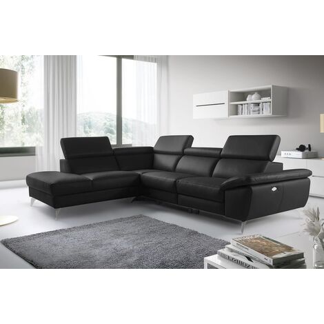 Canapé d'angle relax en 100% tout cuir épais de luxe italien avec relax électrique, 5/6 places KASTER, noir, angle gauche