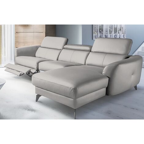 Canapé d'angle relax en cuir de luxe italien avec relax électrique, 5 places BERTONI, gris clair, angle droit