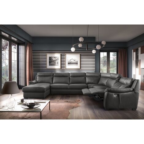 Canapé d'angle relax et convertible en cuir épais de luxe italien avec relax électrique, 8 places BOSINI, anthracite, angle droit
