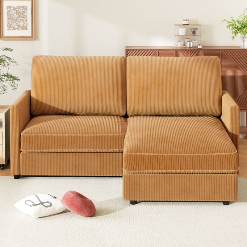 Canapé d'angle réversible 2 Places en Velours Côtelé,Canapé Confortable Moderne en forme de l pour Salon,180x137x84cm,Jaune abricot