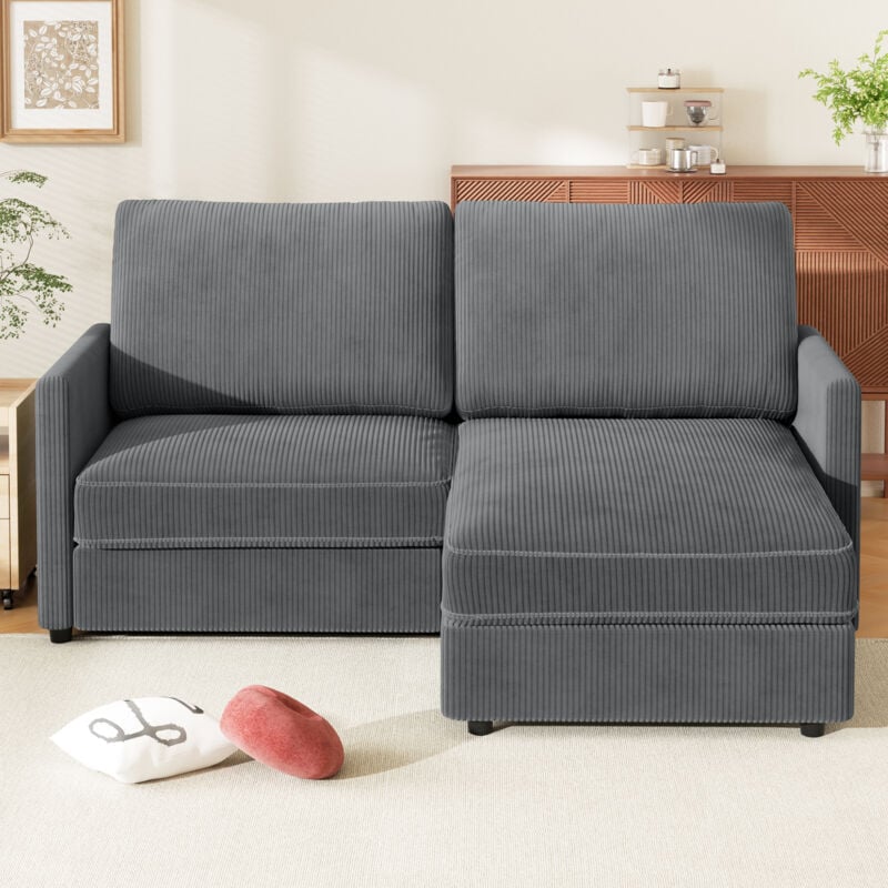 Yoleo - Canapé d'angle réversible 2 Places en Velours Côtelé,Canapé Scandinave confortable en forme de l pour Salon,180x137x84cm,Gris