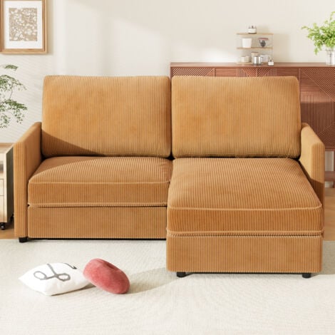 Canapé d'angle réversible 2 Places en Velours Côtelé,Canapé Confortable Moderne en forme de L pour Salon,180x137x84cm,Jaune abricot