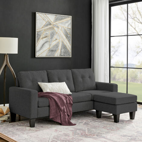Canapé d'angle réversible avec pouf en microfibre anthracite - LUMINA