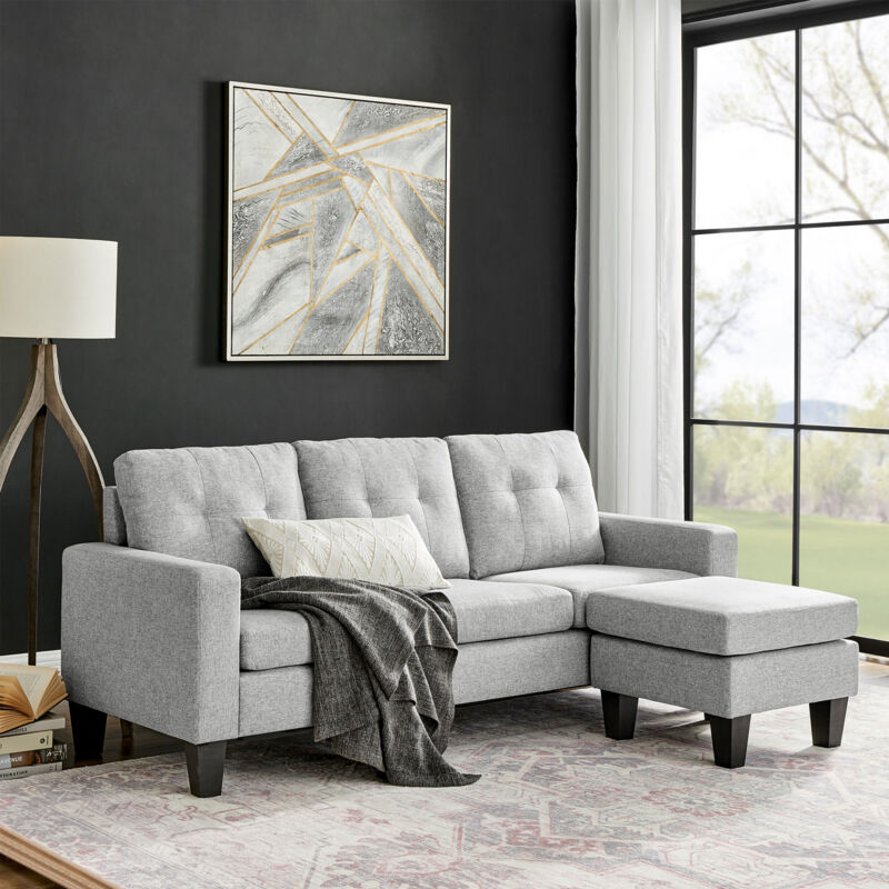 M&s - Canapé d'angle réversible avec pouf en microfibre gris clair - lumina M&s - Canapé d'angle réversible avec pouf en microfibre gris clair - lumina