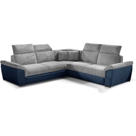 Canapé d’angle réversible convertible NEO en velours avec pieds en acier chromé – 266cm-Bleu/Gris clair