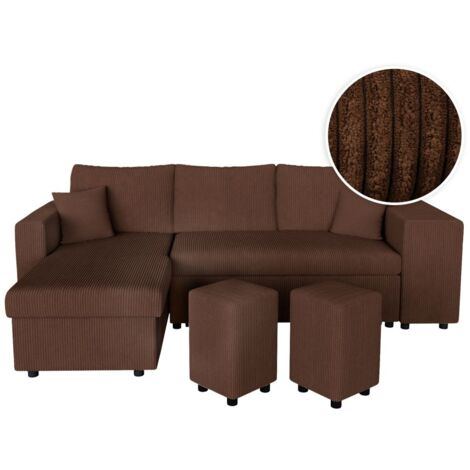 Canapé d'angle réversible convertible OSLO avec coffre, 2 poufs à droite en velours côtelé marron
