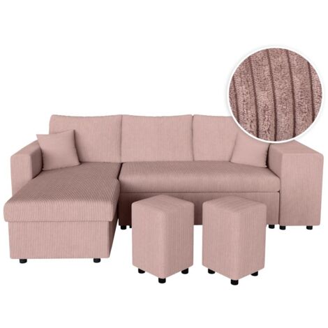 Canapé d'angle réversible convertible OSLO avec coffre, 2 poufs à droite en velours côtelé rose