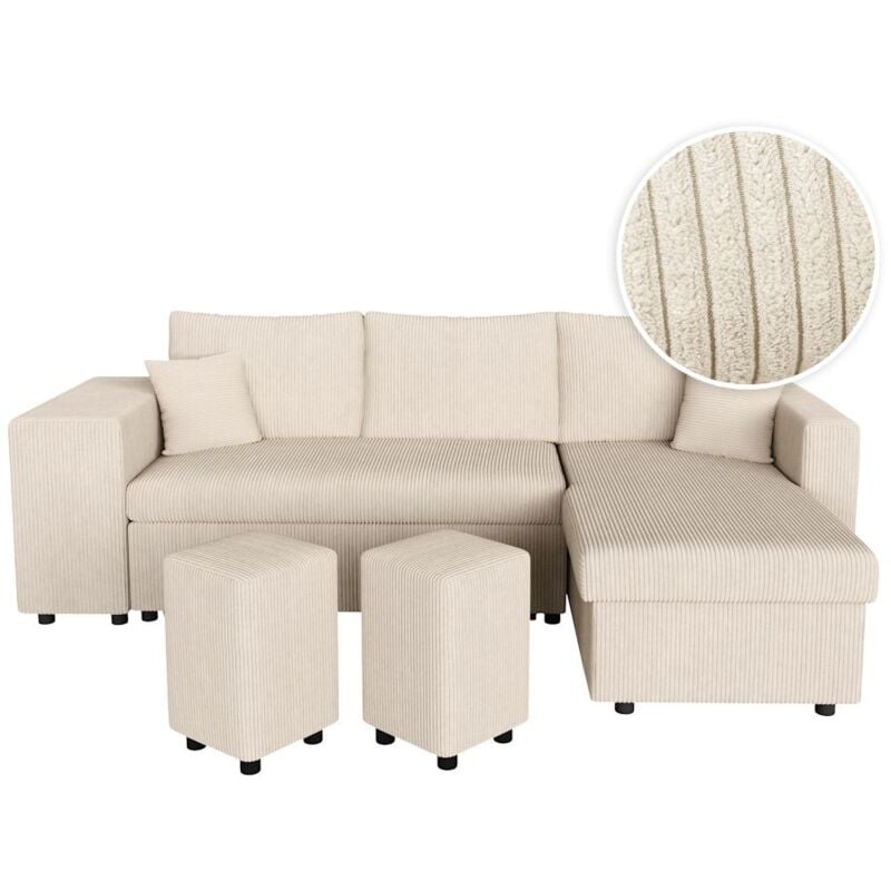 Loungitude - Canapé d'angle réversible convertible oslo avec coffre, 2 poufs à gauche en velours côtelé beige