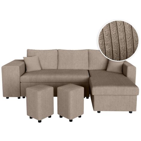 Canapé d'angle réversible convertible OSLO avec coffre, 2 poufs à gauche en velours côtelé taupe