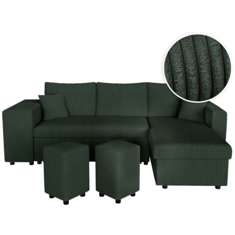 Canapé d'angle réversible convertible OSLO avec coffre, 2 poufs à gauche en velours côtelé vert