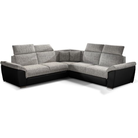 Canapé d'angle réversible et convertible bi-matières Neo - Pieds acier chromé-Noir/Gris chiné