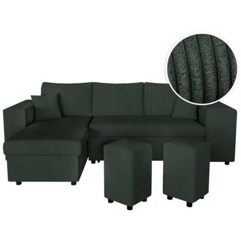 Canapé d'angle réversible MADY avec coffre, rangement poufs à droite en velours côtelé vert foncé