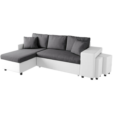 Canapé d'angle réversible OSLO avec coffre et poufs droit en bi-matière