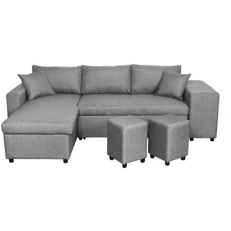 Canapé d'angle réversible OSLO avec coffre et poufs droit - Tissu gris clair