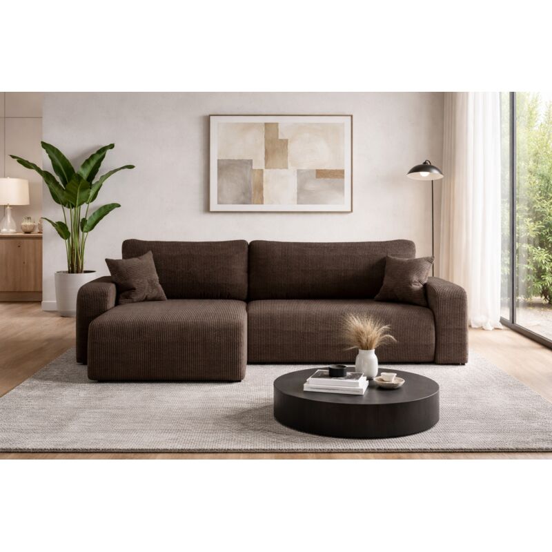 Canapé d’angle réversible PIANIOO XL convertible – Velours côtelé brun chocolat, grand coffre de rangement, fonction couchage, angle universel